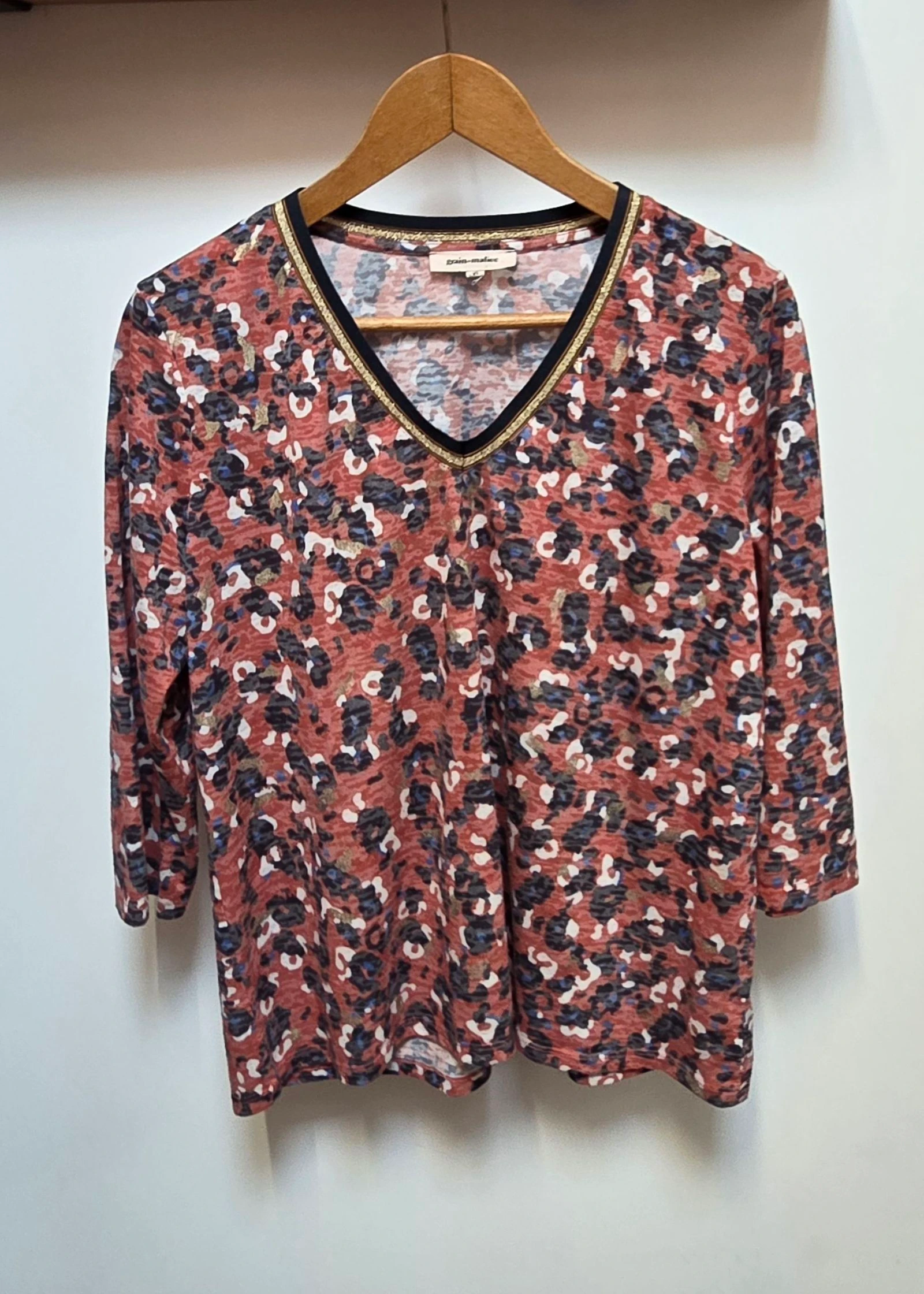 T-shirt imprimé léopard corail et doré Grain de Malice XL 42 44 haut manches 3/4